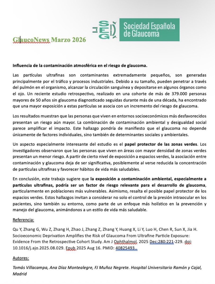 OftalmologiaRYC's tweet image. Nueva publicación en Glauconews marzo´26: 
Influencia de la contaminación atmosférica en el riesgo de glaucoma. 

Autores: Tomás Villacampa, Ana Díaz Montealegre, FJ Muñoz Negrete. Hospital Universitario Ramón y Cajal, Madrid #Glaucoma  #RyC #Oftalmologia