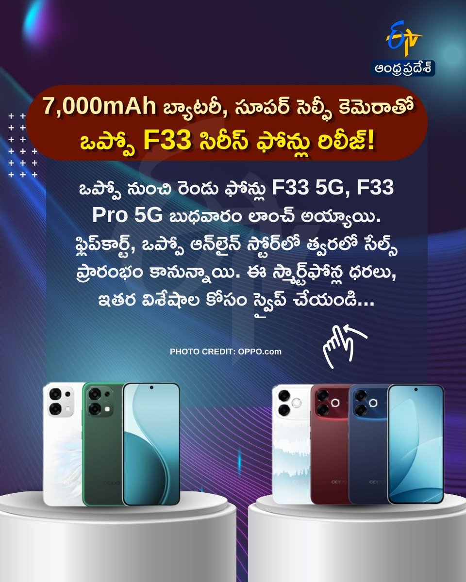 etvandhraprades's tweet photo. 7,000mAh బ్యాటరీ, సూపర్ సెల్ఫీ కెమెరాతో
ఒప్పో F33 సిరీస్ ఫోన్లు రిలీజ్!
#OppoF33Pro5G #OppF335G #OppoSmartPhone #etvdigital https://t.co/FwRFEdiIv2