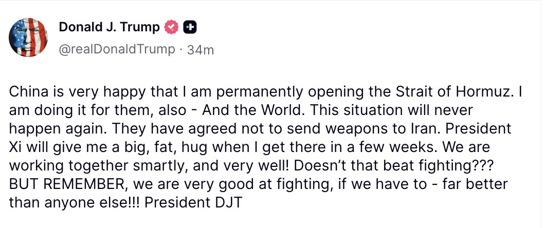 nexta_tv's tweet photo. ⚡️⚡️⚡️ Trump is permanently opening the Strait of Hormuz for China and for the whole world

“We are working together smartly, and very well! Doesn’t that beat fighting???”, the US president asks.

This time, there were also threats: “we are very good at fighting, if we have to - far better than anyone else!!!”.