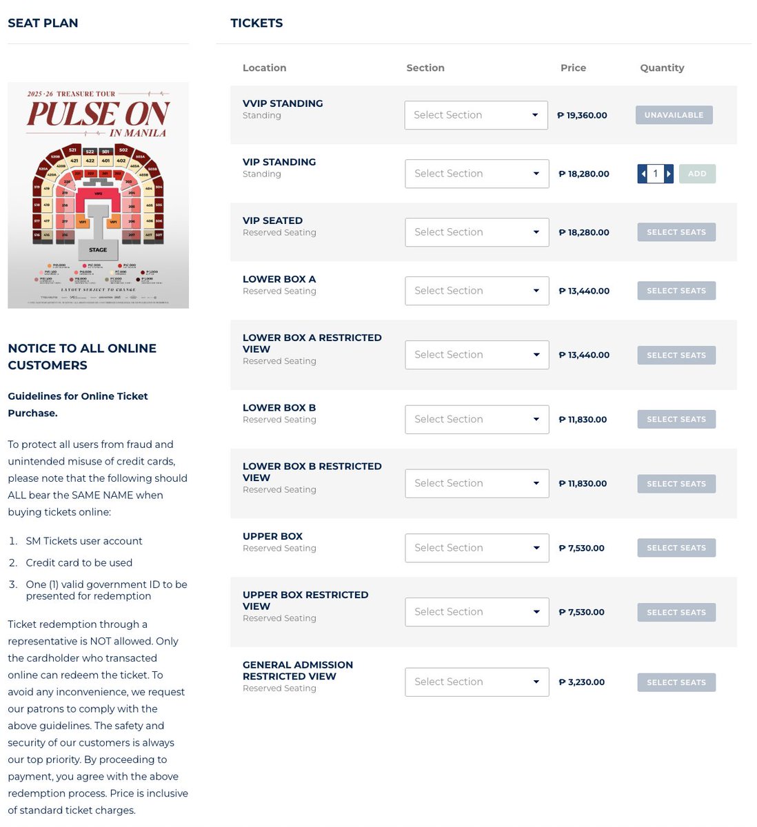 harutoyatrejo's tweet image. As of April 15, 8:30 PM: General Admission tier option has been removed from the SM Tickets website

#TREASURE #트레저 
#TREASUREinManila 
#PULSE_ON_IN_MANILA 
#Treasure_PulseOnMNL