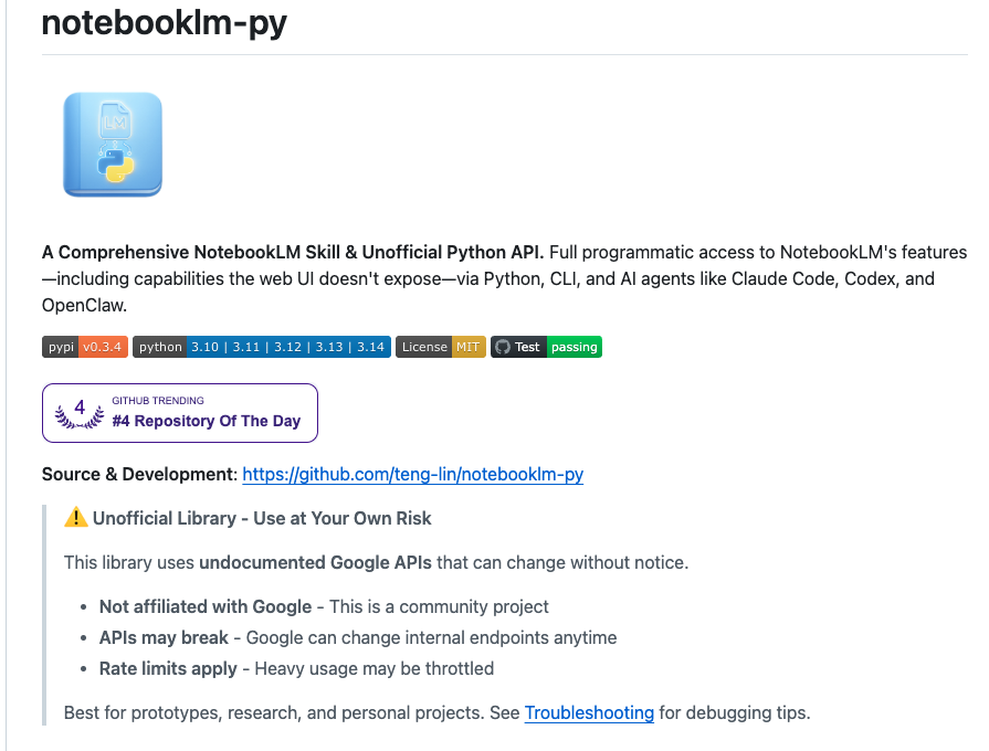 L_go_mrk's tweet photo. こ　れ　は　あ　り　が　た　い

notebookLMをCLI経由、つまりClaudeCode経由で動かせるようになった。

notebooklm-py：
Google NotebookLMをPython、CLI、AIエージェントから丸ごと操作できる非公式ライブラリです。

できること：
・ノートブックを一括で作成・改名・削除
・ソース投入はURL、PDF、YouTube、Google Drive、音声・動画ファイル
・音声解説、動画、スライド、クイズ、フラッシュカード、インフォグラフィック、マインドマップ、データ表を自動生成
・MP3、MP4、PDF、CSV、JSONで一括ダウンロード
・ペルソナ設定チャットで対話
・ウェブ検索・Driveリサーチエージェントで自動調査
・共有・権限設定の自動化

週大量の記事をNotebookLMに放り込んで手でポチポチしている方、一気に全部自動化できます！

https://t.co/AueJD7rMv1