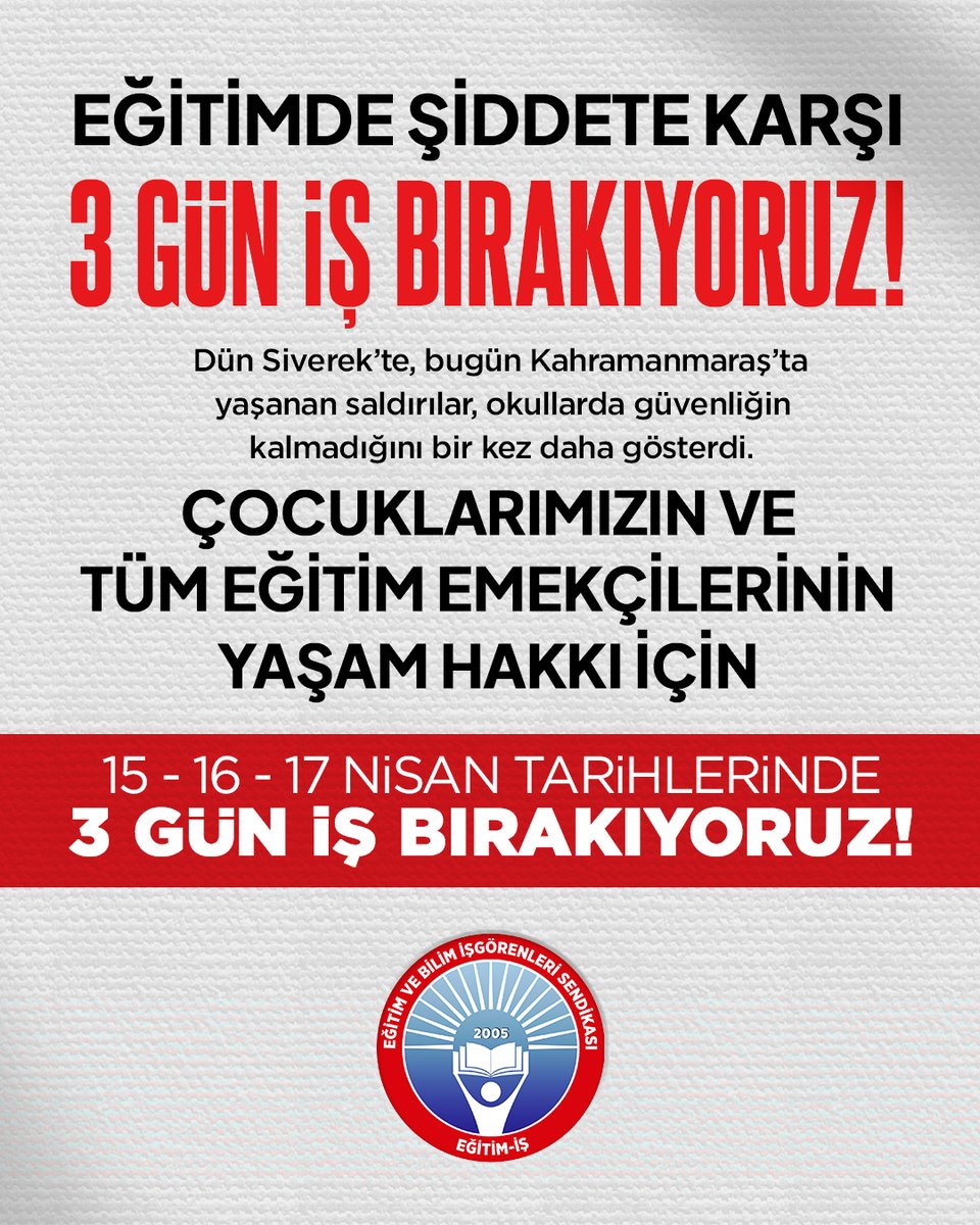 Kahramanmaraş’ta yaşanan ve  ilk belirlemelere göre 1 öğretmen ve 3 öğrenci yaşamını yitirdiği saldırının ardından bir kez daha gördük ki; okullarda ne öğrenciler güvende, ne de eğitim emekçileri!

Eğitim-İş olarak, eğitimde şiddetin kader olmadığını haykırmaya devam ediyoruz.