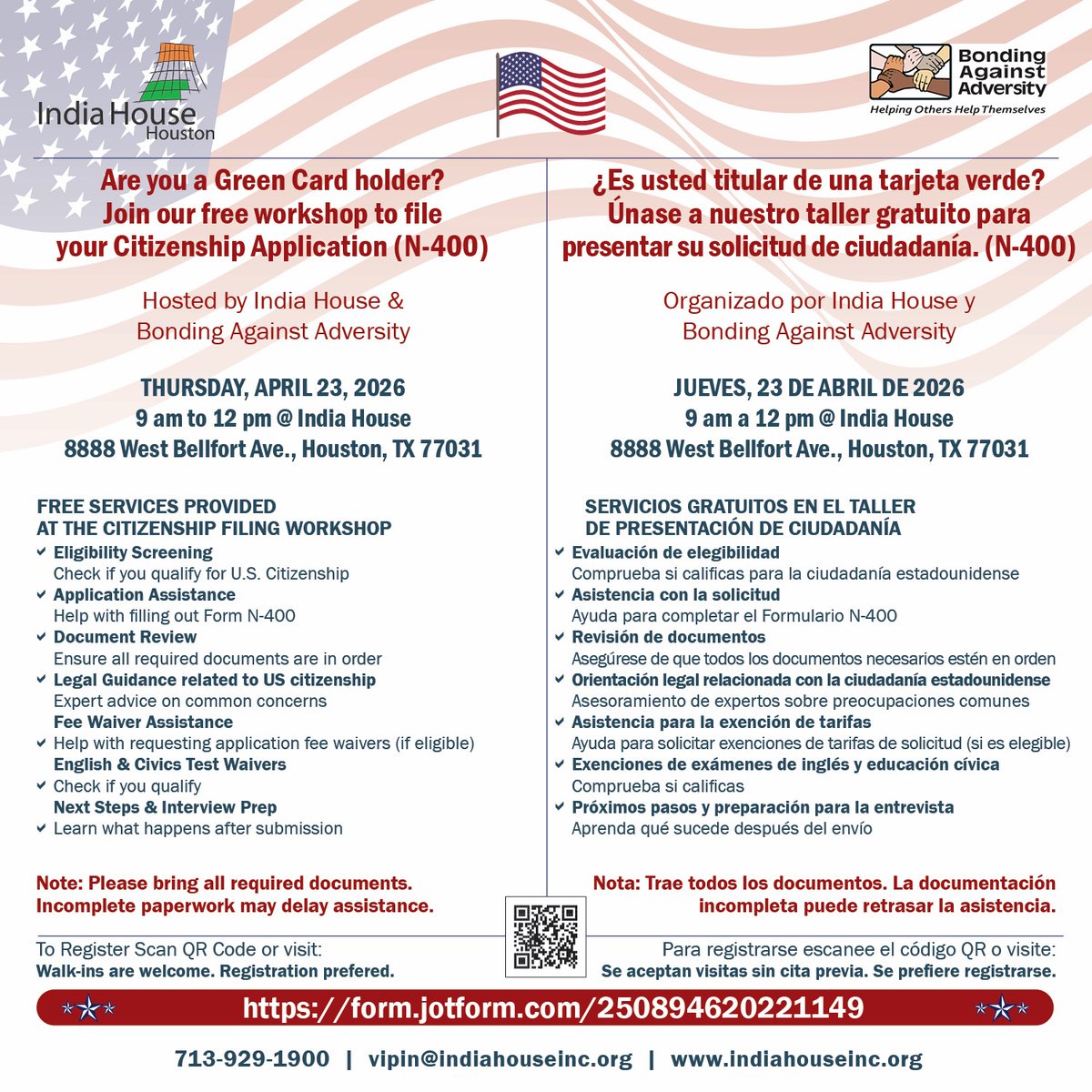 indiahouse's tweet image. Free Citizenship Application (N-400) Filing Workshop🇺🇸
Get hands-on support from attorneys &amp;amp; volunteers to complete your application &amp;amp; get U.S. citizenship.
🗓 Apr 23 | ⏰ 9 AM–12 PM
📍 India House Houston

Register: form.jotform.com/250894620221149
#Immigration #USA #Citizenship #N400