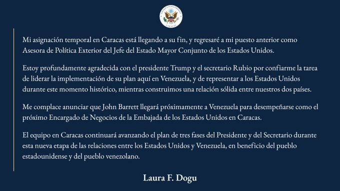 infopublicave's tweet image. #AlMomento| La Encargada de Negocios de la embajada de los Estados Unidos, Laura Dogu anunció a través de un comunicado que dejará el país. Informó de la llegada del nuevo Encargado de Negocios de la delegación, John Barret.