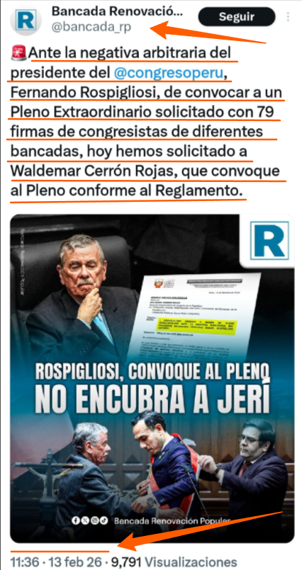 CULPABLE de este DESASTRE es el ORATE López Aliaga, YA olvidaron q exigió al Congreso para q llame a PLENO EXTRAORDINARIO y VACAR a <a href="/josejeriore/">José Jerí</a>, lo dijo MUY claro <a href="/KeikoFujimori/">Keiko Fujimori</a>: "NO vacar a Jeri porq NO hay votos Y nos arriesgamos a poner a un COMUNISTA a 57 días de elecciones"