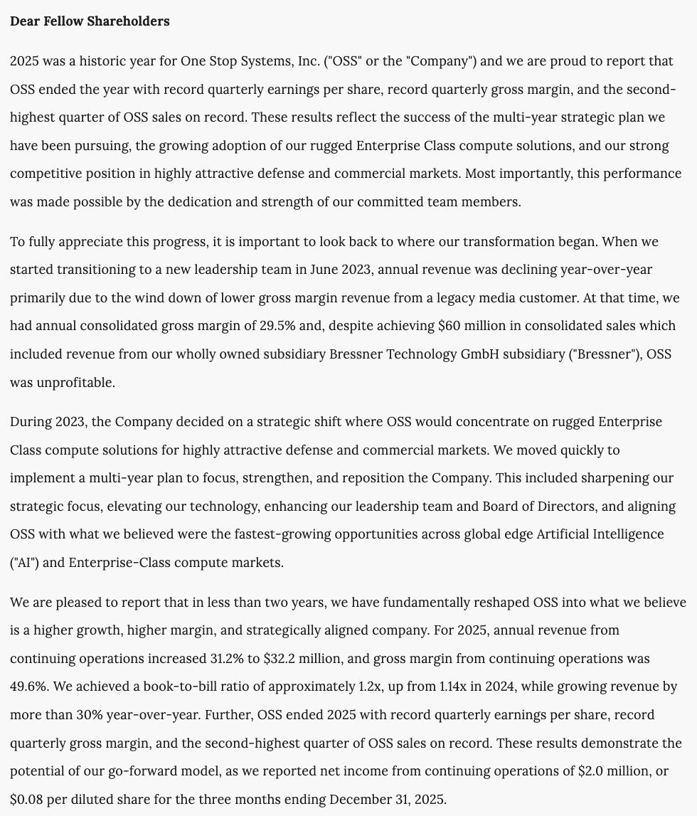 wallstengine's tweet photo. $OSS released a shareholder letter highlighting record quarterly EPS and gross margin. 2025 revenue from continuing ops rose 31.2% to $32.2M, with gross margin at 49.6%. For 2026, OSS sees 20% to 25% revenue growth, around 40% gross margin, and positive EBITDA. https://t.co/DB89RX5SAD