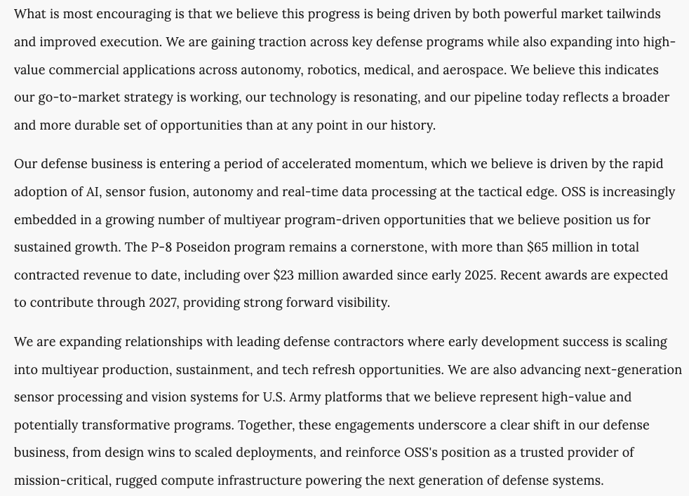 wallstengine's tweet photo. $OSS released a shareholder letter highlighting record quarterly EPS and gross margin. 2025 revenue from continuing ops rose 31.2% to $32.2M, with gross margin at 49.6%. For 2026, OSS sees 20% to 25% revenue growth, around 40% gross margin, and positive EBITDA. https://t.co/DB89RX5SAD