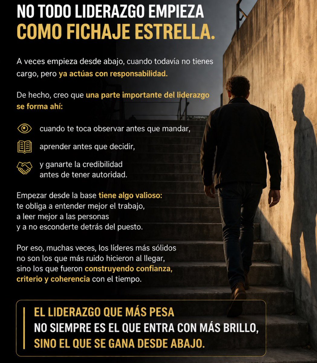 pcuberog's tweet photo. No todo liderazgo empieza como fichaje estrella.
A veces empieza desde abajo, cuando todavía no tienes cargo, pero ya actúas con responsabilidad. https://t.co/7qaidtsVhp