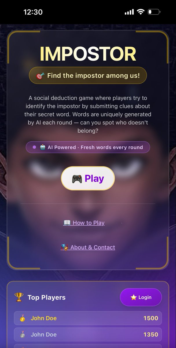 impwordgame's tweet photo. Everyone knows the word… except ONE 👀

Can you fake it well enough to survive?
Or will your friends expose you? 😭

🎤 Give clues
🎯 Find the impostor
🗳️ Vote them out

⚠️ Warning: friendships will be tested

Play at https://t.co/eh7UmQYrQt

#ImpostorGame #GameNight #PartyGames https://t.co/0xnfYzN7uJ