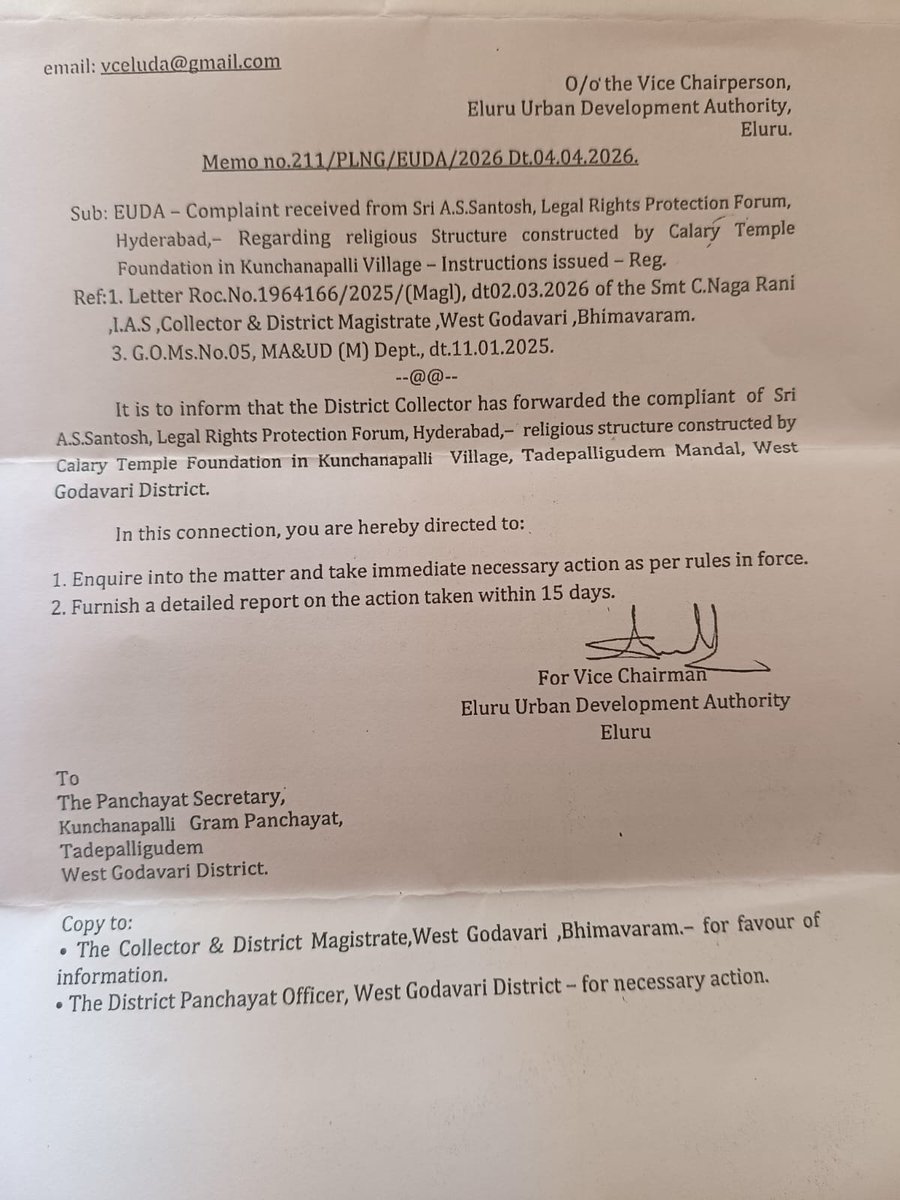 lawinforce's tweet photo. We express our sincere thanks to Sri K. Raghu Rama Krishna Raju gaaru, @KRaghuRaju Hon’ble Deputy Speaker and MLA, Undi Constituency, for speaking firmly and without fear or appeasement against the illegal construction of a church by the Calvary Temple Foundation at Kunchanapalli village, Tadepalli Mandal, West Godavari District, Andhra Pradesh.

Following our formal complaint, the Vice-Chairman of Eluru Urban Development Authority has taken cognizance of the matter and issued a notice to the Panchayat Secretary, Kunchanapalli, directing appropriate action against the ‘Calvary Temple’ structure constructed in violation of GO No 376 issued by the Panchayat Raj and Rural Development Department.