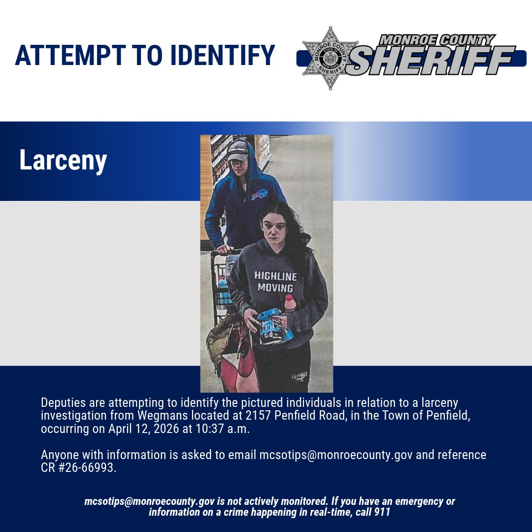 monroesheriffny's tweet image. Anyone with information is asked to email mcsotips@monroecounty.gov and reference CR# 26-66993.