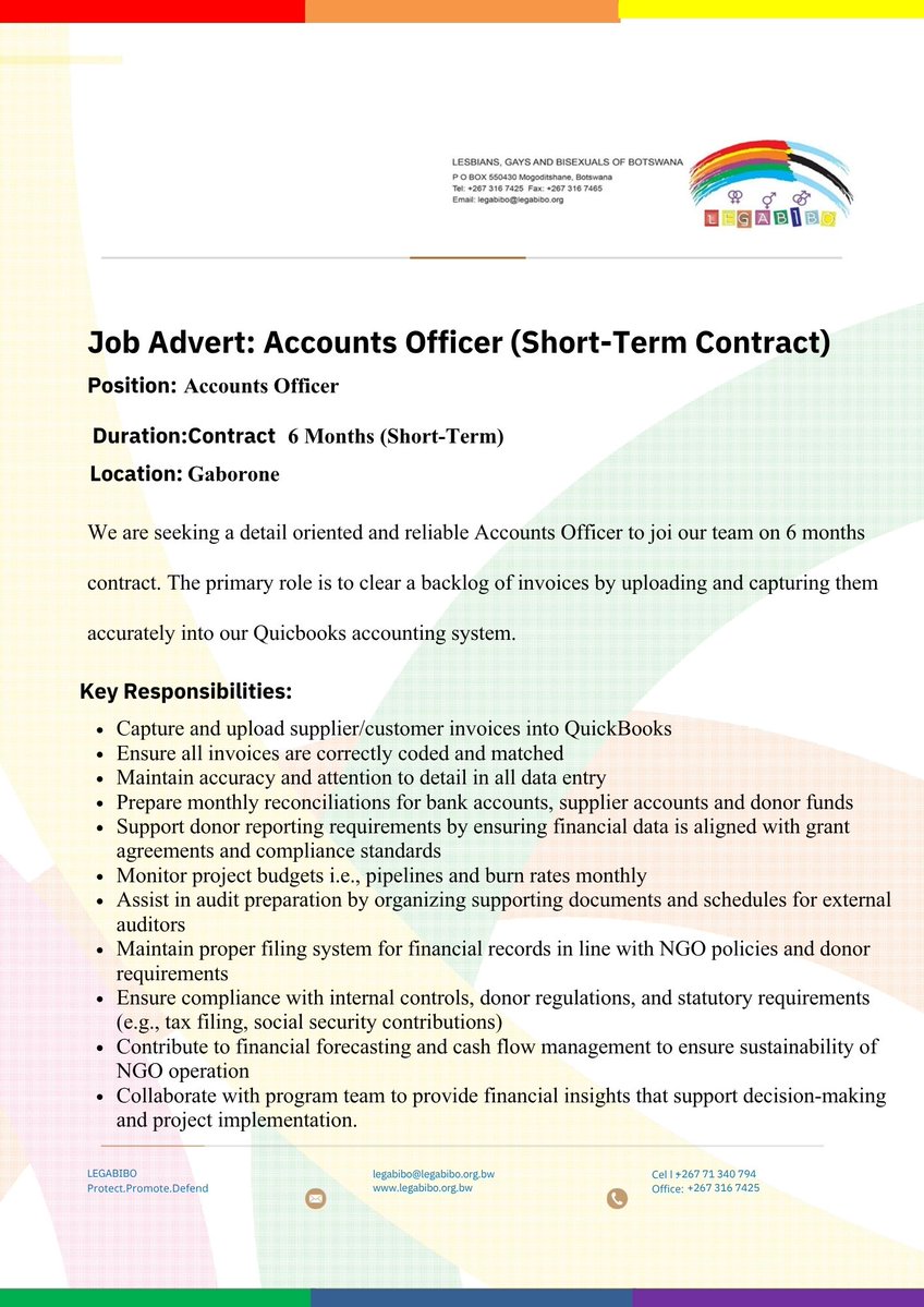 legabiboadvo's tweet image. We're looking for a dedicated Accounts Officer to join our team on a 6-month fixed contract. If you're detail oriented, organized, and passionate about supporting impactful work, we'd love to hear from you.

#LEGABIBO #JobAlert #AccountsOfficer #HiringNow #LivingFreeLivingWell