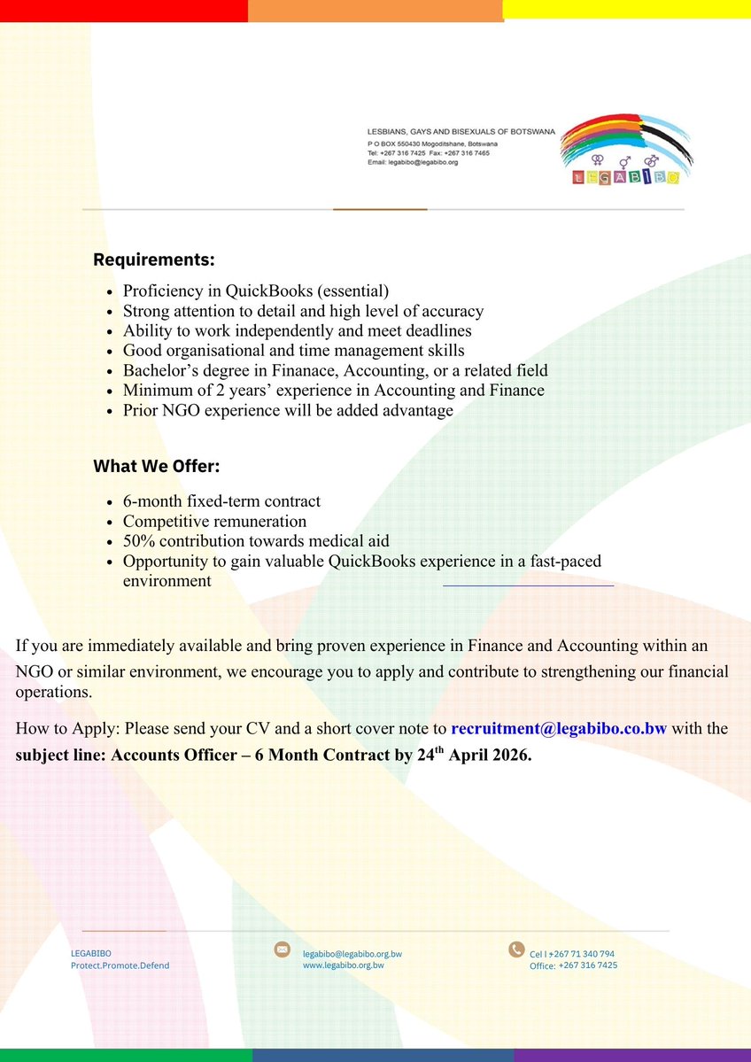 legabiboadvo's tweet image. We're looking for a dedicated Accounts Officer to join our team on a 6-month fixed contract. If you're detail oriented, organized, and passionate about supporting impactful work, we'd love to hear from you.

#LEGABIBO #JobAlert #AccountsOfficer #HiringNow #LivingFreeLivingWell