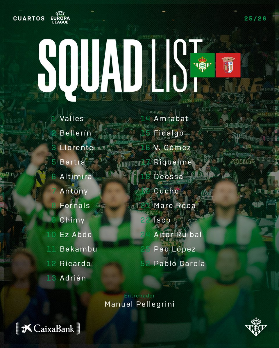 💚🤍💚

¡Nuestra convocatoria para el #RealBetisSCBraga!

#EuroBetis