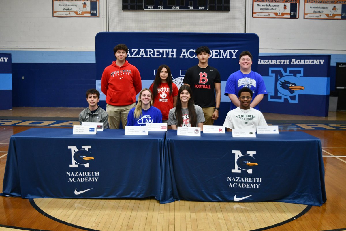 NazarethLGP's tweet photo. Congratulations to more of our Roadrunners who are celebrating Signing Day by committing to continue their academic and athletic careers at the collegiate level. We wish them all the best! #Classof2026 #SigningDay https://t.co/CW9Q28Ya1Q