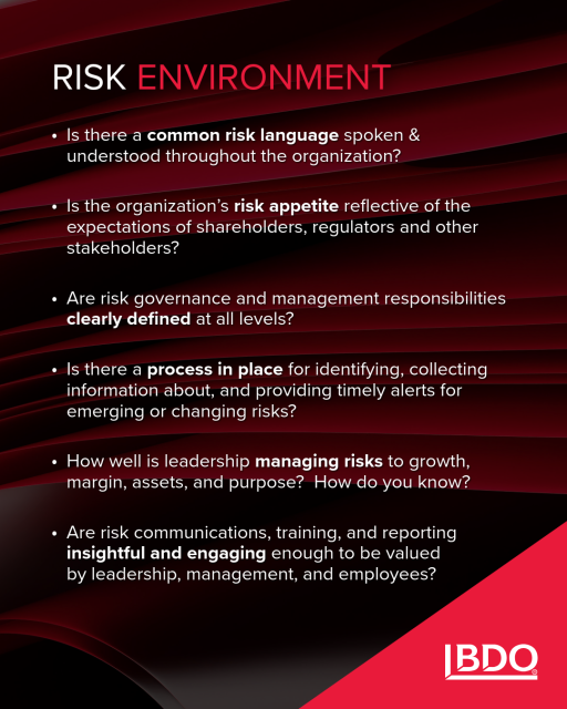 MattKBecker's tweet photo. Risks facing an organization and strategies that align with goals and objectives should be a dedicated part of every board meeting agenda. @BDO_USA shares the questions boards should be asking management: https://t.co/YjAxkmWrX1 https://t.co/9smlmz8orD