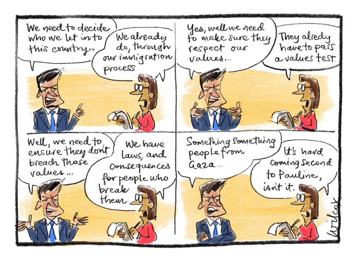 PeterWMurphy1's tweet image. Angus Taylor. Liberal Party Leader. AUS Opposition Leader. Cathy Wilcox's cartoon today is absolutely outstanding. 🏆 Why don't journalists call him out on these facts?! #auspol #immigration #racism #Gaza