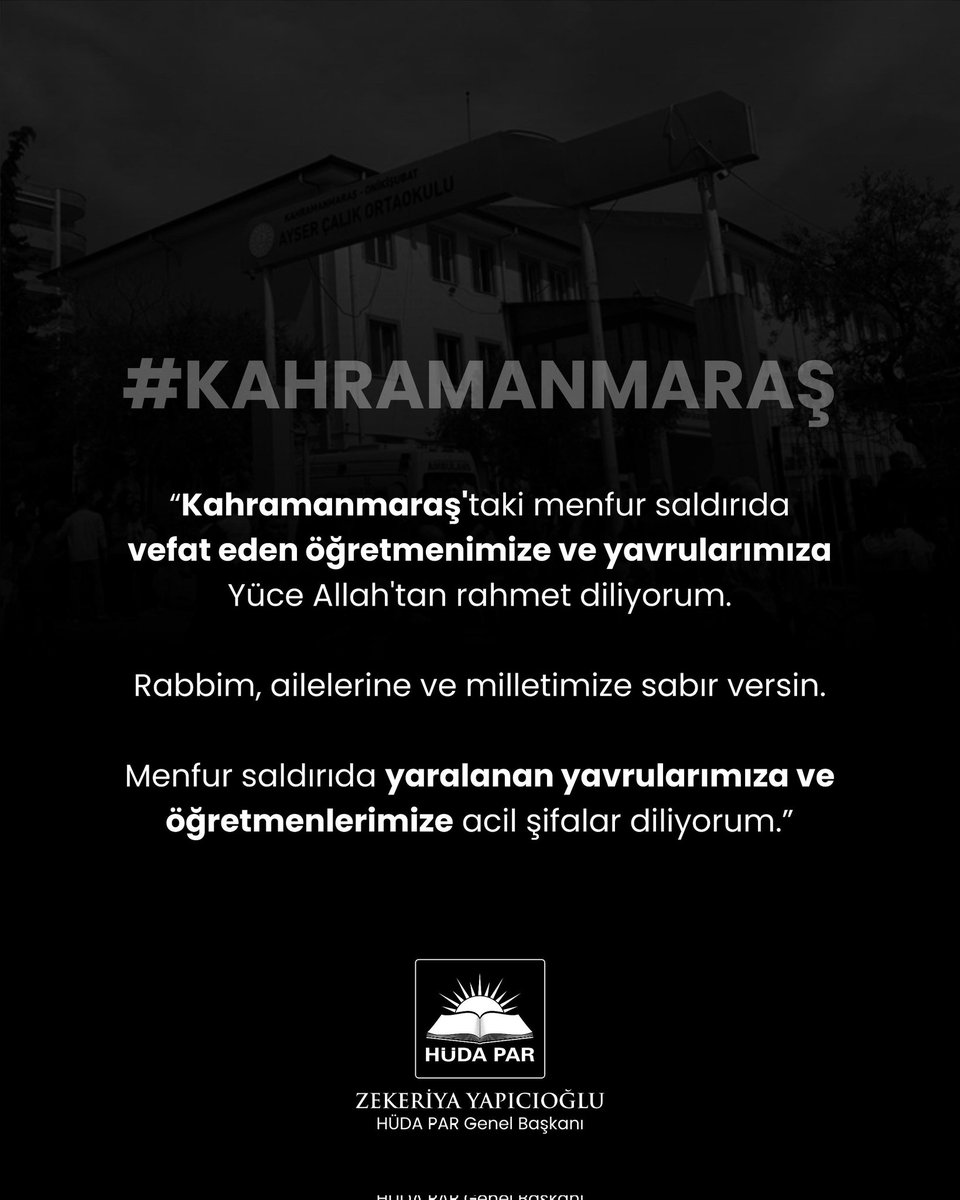Şanlıurfa'daki elim saldırının şokunu ve acısını henüz atlatamamışken Kahramanmaraş'tan gelen haberle bir kez daha sarsıldık.

Kahramanmaraş'taki menfur saldırıda vefat eden öğretmenimize ve yavrularımıza Yüce Allah'tan rahmet diliyorum. Rabbim, ailelerine ve milletimize sabır