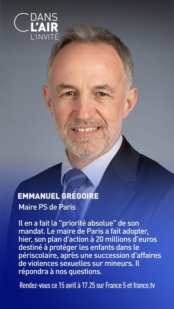 Cdanslair's tweet image. ⬛Emmanuel Grégoire (@egregoire), maire PS de Paris, est l'invité de @Caroline_Roux dans #cdanslair.

Rendez-vous à 17.25 sur France 5 !
#Politique