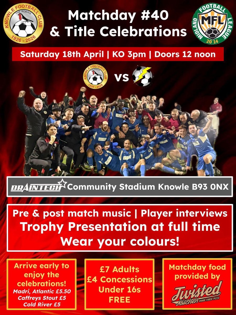 Knowle_FC's tweet photo. MATCHDAY #40 ⚫🔴
It’s the one we’ve all been waiting for 🏆
Knowle FC vs @saffrondynamofc
📅 Saturday 18th April
⏱️ KO 3pm | Doors 12 noon
📍 Draintech Community Stadium, B93 0NX
The trophy gets lifted at full time - be there for EVERY moment of it 🙌
#UTR | #100thYear https://t.co/8uMmvGYK9G
