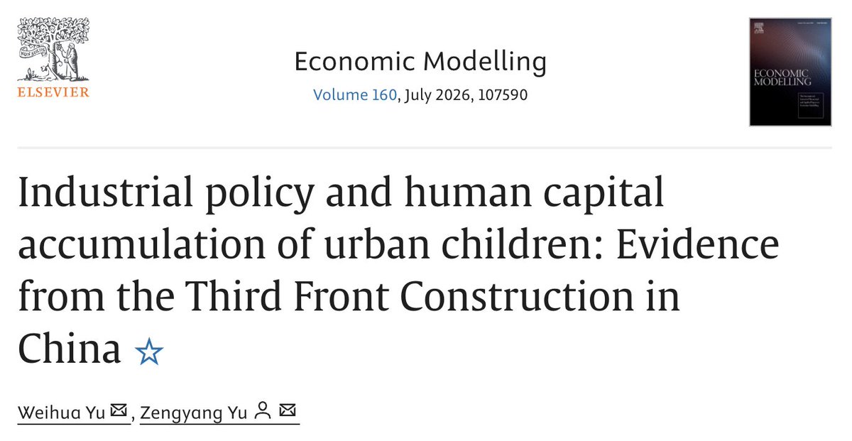 Econ_Modelling's tweet image. #JustPublished Industrial policy and human capital accumulation of urban children: Evidence from the Third Front Construction in China
#Economics #Education #Capital

by Weihua Yu (Xi'an Jiaotong University, Zengyang Yu (Xi'an Jiaotong University)

sciencedirect.com/science/articl…