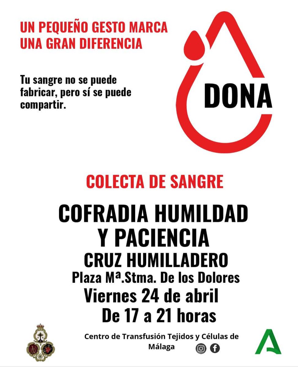 𝐂𝐀𝐑𝐈𝐃𝐀𝐃 | 🩸La tarde del próximo viernes 24 de abril, nuestra Casa Hermandad se convertirá nuevamente en un espacio vital para que hermanos y vecinos donen vida.

¡¡ Dona sangre, Salva Vidas !!

#YoSoydeHumildadyPaciencia
#CofradiasMLG