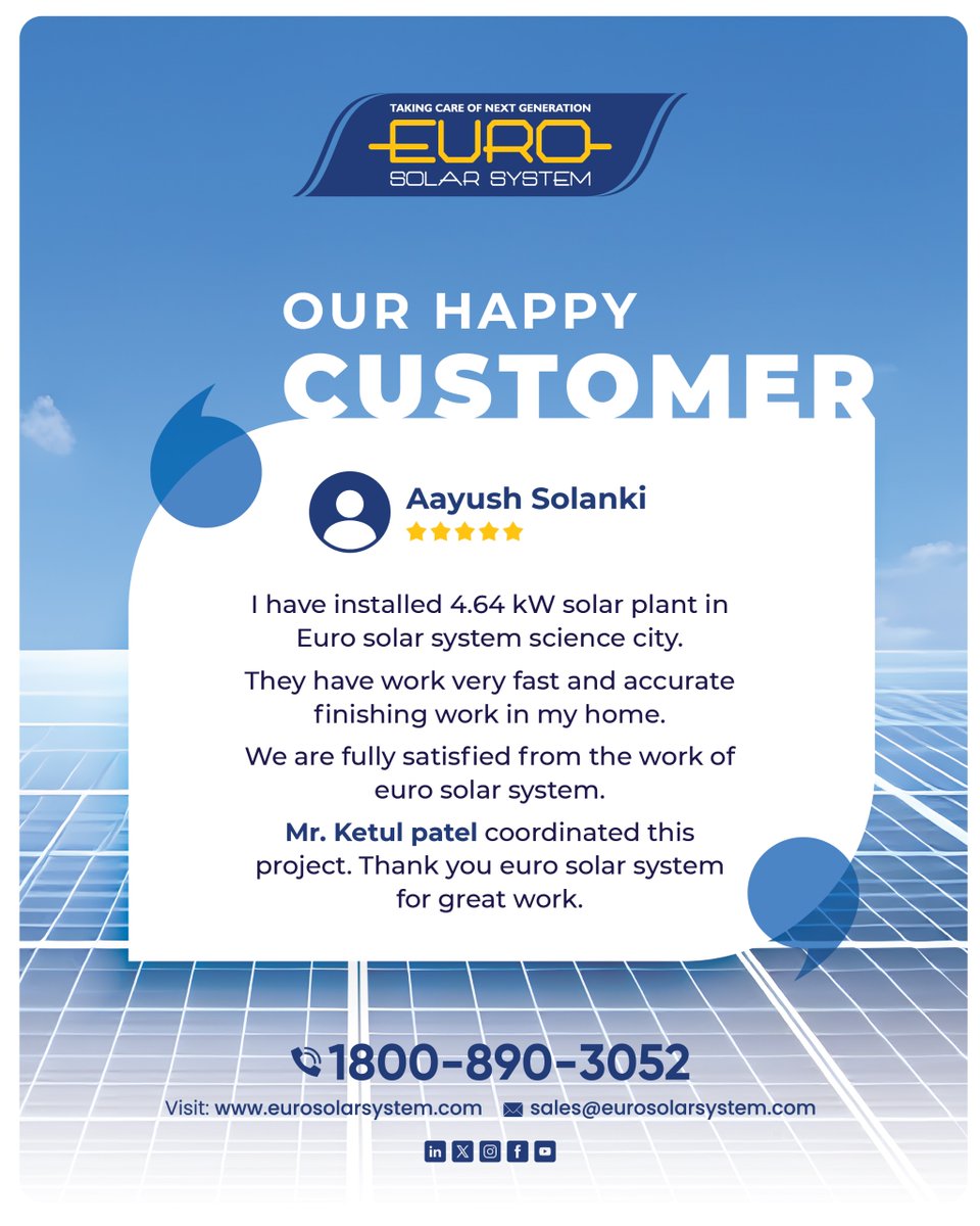 eurosolar_india's tweet image. Happy customers⭐

We are proud to deliver reliable and efficient #solarsolutions that make a real difference.
#Thankyoufortrusting #EuroSolarSystem and sharing your experience.

📞1800-890-3052
🌐eurosolarsystem.com

#customerfeedback #SolarEnergy #happyclients #SolarPanel
