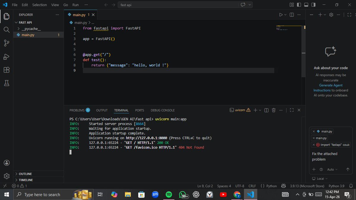 YogiPunekar's tweet image. Built my first live API using FastAPI 🚀

• Created REST API
• Exposed it using ngrok
• Tested real requests via Postman
End-to-end flow working (local → public → response)

Next: integrating LLM into this API

#buildinpublic #genAI

Open to collaborating on GenAI  projects
