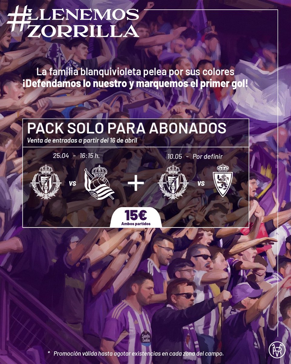 🏟️ 𝐋𝐋𝐄𝐍𝐄𝐌𝐎𝐒 𝐙𝐎𝐑𝐑𝐈𝐋𝐋𝐀
Zorrilla tiene que seguir siendo un fortín gracias a vuestro aliento. Lanzamos un pack de entradas (15€), exclusivo para abonados, para los dos próximos partidos en Zorrilla
#LlenemosZorrilla
realvalladolid.es/noticias/llene…