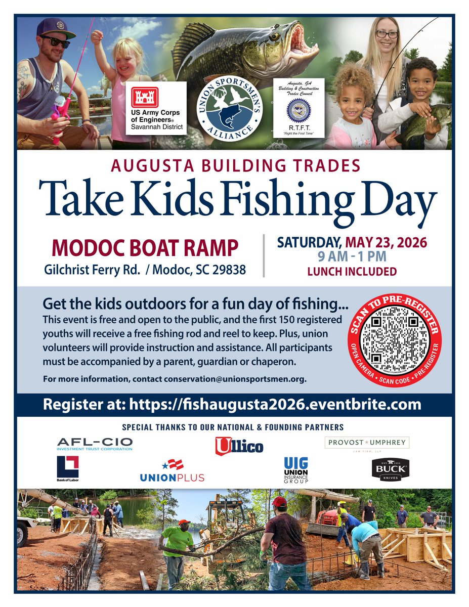 SavannahCorps's tweet photo. TAKE KIDS FISHING DAY  

📍J. Strom Thurmond Lake (Clarks Hill Lake) – Modoc Boat Ramp (Gilchrist Ferry Rd., Modoc, SC 29838)  

📆Saturday, May 23rd, 9 a.m. – 1 p.m. | Free Lunch Included!  

FREE &amp; Open to the Public 
Register now: https://t.co/ySmQ3893YP https://t.co/RKPrKfkST4