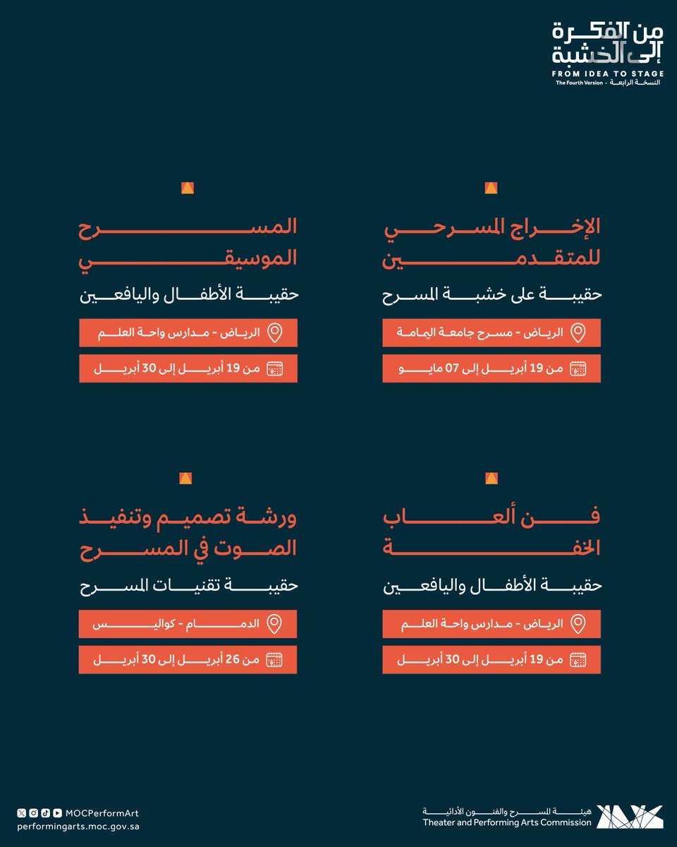 MOCPerformArt's tweet photo. ورَش عمل متنوّعة لشهر أبريل مُتاحة للتسجيل، ضمن برنامج من الفكرة إلى الخشبة بنسخته الرابعة