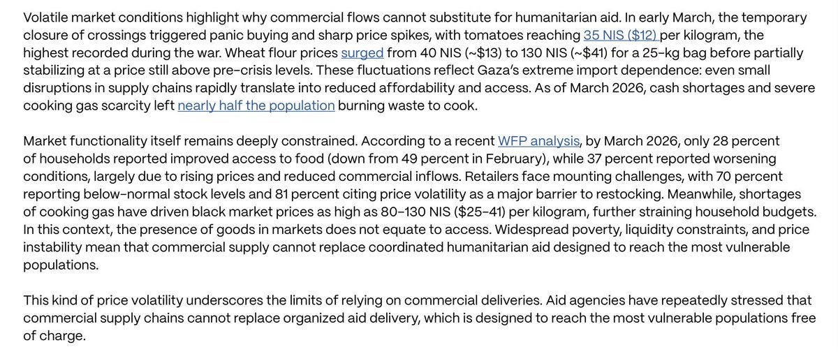 As we write, commercial goods (while important) are not remotely a substitute for a robust aid flow.

As long as Gaza’s economy remains broken and most Palestinians live in displacement limbo, many don’t have the financial means to meet basic needs via markets.