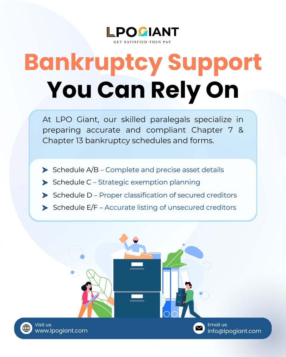 LPOgiant's tweet photo. Simplify your bankruptcy workload with expert paralegal support. We ensure accurate schedules, compliant filings, and quick turnaround so you can focus on your cases while we handle the details. Get started today.

📧 info@lpogiant.com
🌐 https://t.co/mTcpiUyTUm https://t.co/GT4hs4Qaul