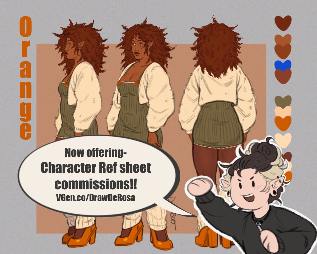DrawDeRosa_'s tweet photo. Made a character ref sheet for my oc orange! Of course
now that I did this I have a strong urge to completely change her design lol.. like I think she’d look super with bigger ears but anyway what do you think?
Also I added a new service on vgen for character ref sheets 😜💖 https://t.co/DvTWz6h3G6