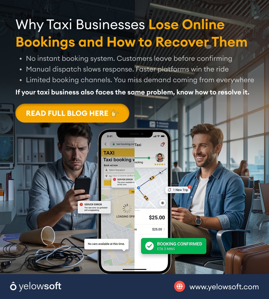 Losing taxi bookings without realizing it?

Slow booking, poor UX &amp; no real-time updates drive customers away.

Fix it now 👇
 yelowsoft.com/blog/why-taxi-…

#TaxiBooking #SaaS
