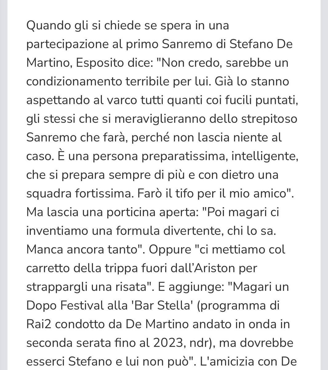 Cinguetterai's tweet photo. La squadra di #StaseraTuttoÈPossibile sarà a #Sanremo2027 con Stefano De Martino?
Giovanni Esposito all’Adnkronos: “Non credo, sarebbe un condizionamento terribile per lui.
Magari ci mettiamo col carretto della trippa fuori dall’Ariston, magari un #DopoFestival alla #BarStella” https://t.co/WtaHestcVh