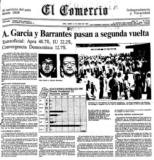 Archivo_ECpe's tweet image. #Efemérides: El 14/04/1985, el Perú vivió un hito electoral. 🗳️ Por primera vez se anunció una segunda vuelta tras el 48.7% de Alan García y el 22.2% de Alfonso Barrantes. El balotaje no se realizó por la renuncia de Barrantes, marcando un capítulo único en nuestra democracia. 🇵🇪