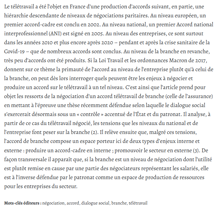LoueySophie's tweet image. [Publication #teletravail] Dans le dossier "Négocier à l’échelon sectoriel" coord par  Pier-Luc Bilodeau &amp;amp; Évelyne Léonard.
La branche entre cadrage national et autonomie d’entreprise : le cas de la négociation d’un accord télétravail de branche | Cairn.info