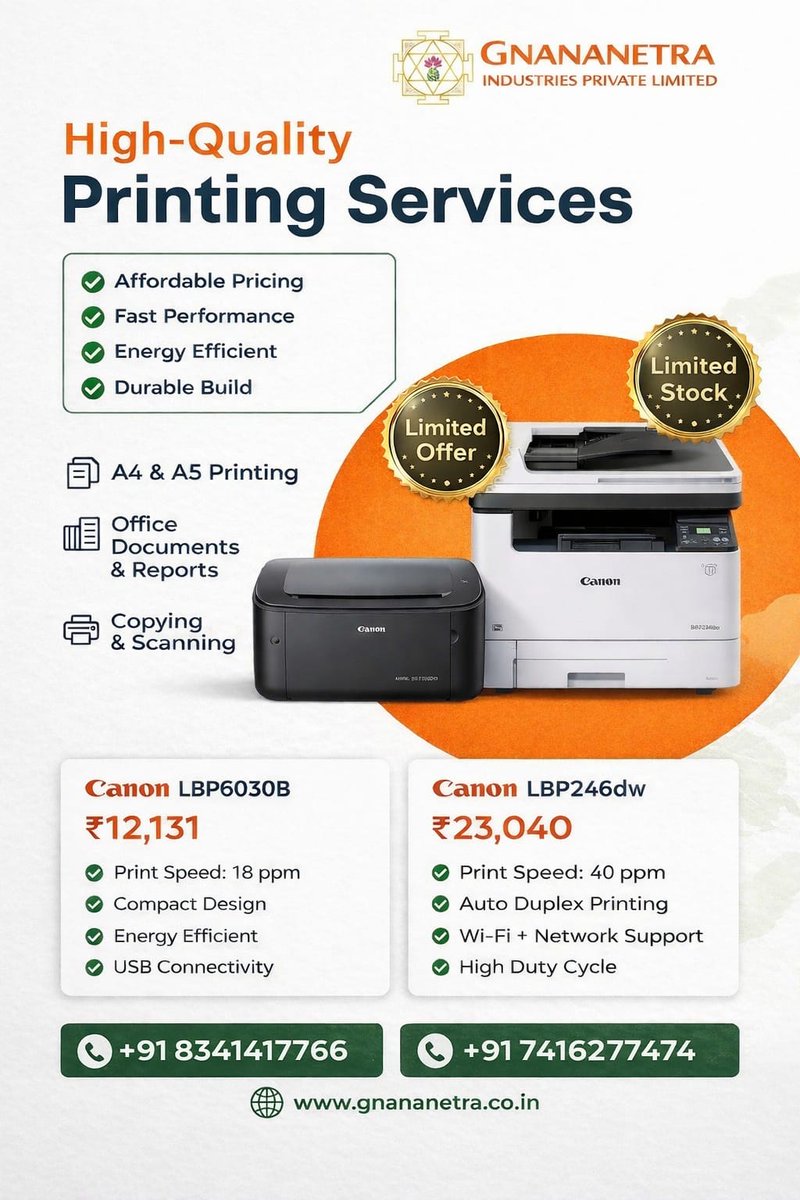 Gnananetra98433's tweet image. High-quality printing services 🖨️
Powered by Canon printers 🔥
✔ Fast &amp;amp; affordable
✔ A4/A5 printing
✔ Copy &amp;amp; scan
📞 8341417766
#Canon #Printing #BusinessIndia #gnananetraindustriespvtltd #gnipl