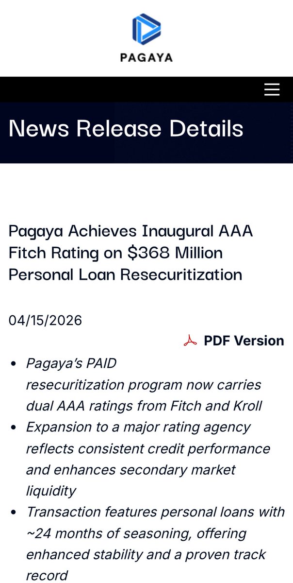 Pagaya announces a $368M AAA Personal Loan Resecuritization… here’s what you need to know:

This was the FIRST EVER Fitch Ratings, rating = $PGY is now dual AAA (with Kroll Bond Rating Agency)

What this means: 

- Pagaya’s loans are even more proven
- It has top-tier credit