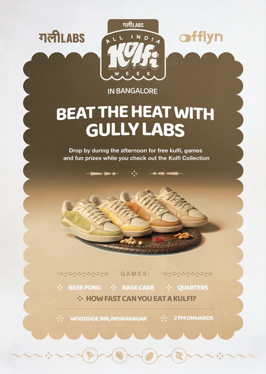 it's really damn hot in blr so come beat the heat with the folks at <a href="/GullyLabs/">gully labs</a>. we're hosting a pop-up in indiranagar this saturday - there will be free kulfi, fun games and some prizes!

and if you've been meaning to cop a pair, there'll be shoes to buy at special prices