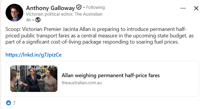 MelbOnTransit's tweet image. PERMANENT HALF PRICE FARES? The Australian is reporting that Victoria is preparing to halve PT fares in next month's state budget. #springst