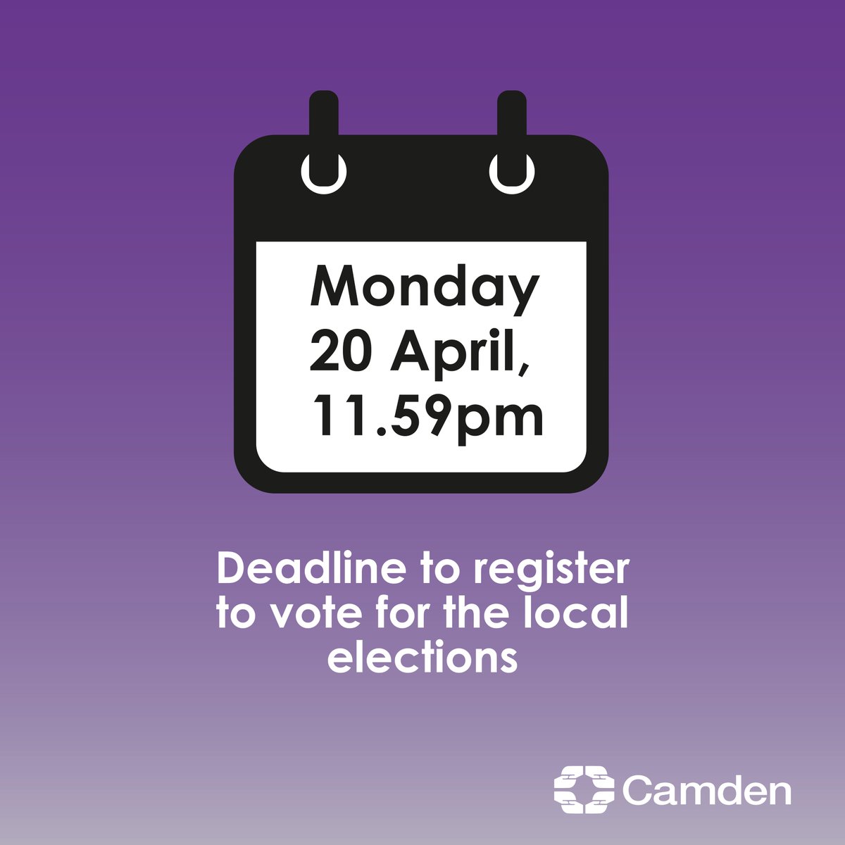 CamdenCouncil's tweet photo. Today is the last day to register to vote in the local elections on Thursday 7 May.

If you’re not already registered, register to vote by 11.59pm: https://t.co/6Ls3cTQ70b
 
Find out more about the local elections: https://t.co/5PMx1S0CAB https://t.co/7aDgZ5yCAc