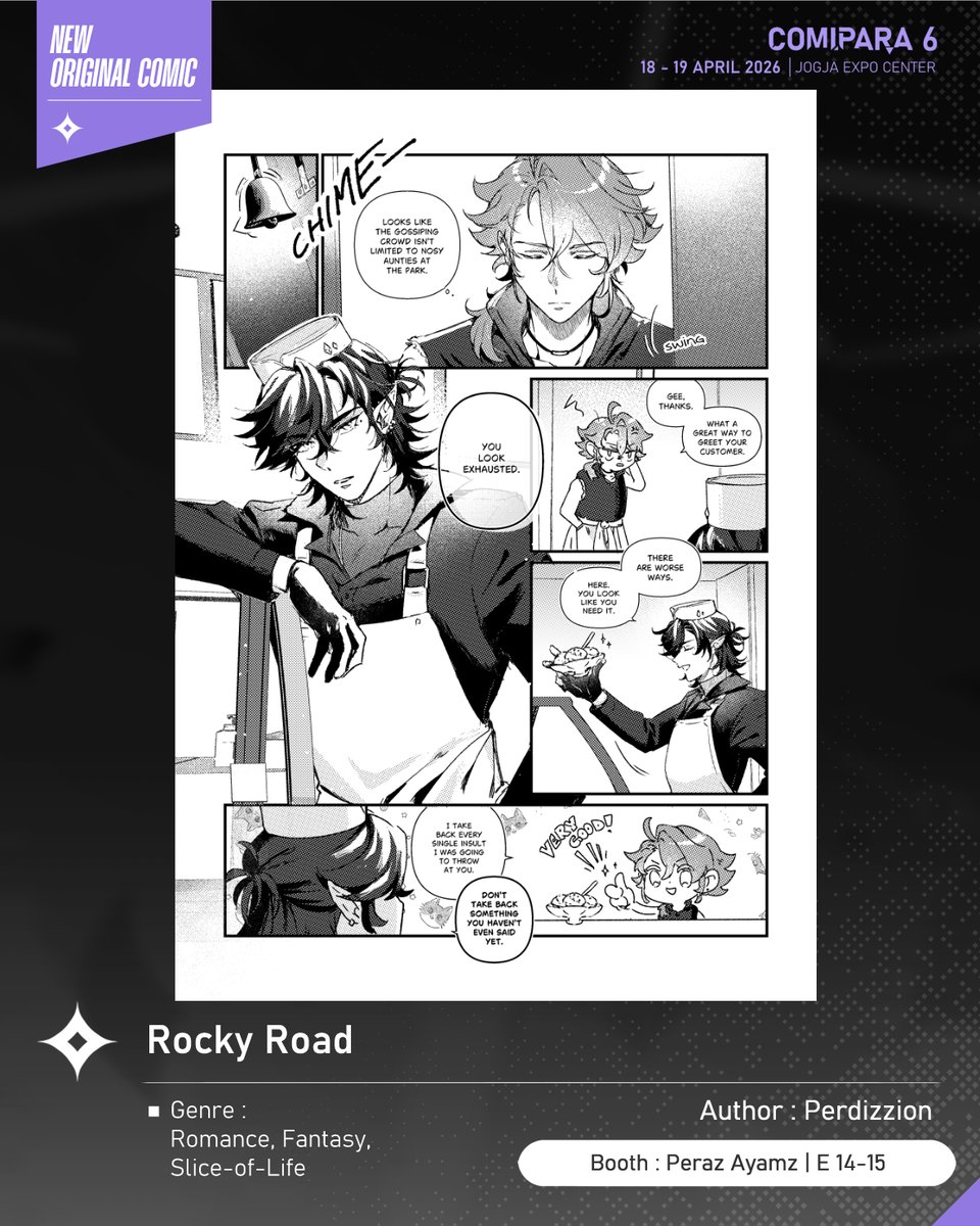 comipara_id's tweet photo. [COMIC RAID]
Author: Perdizzion
Booth: E 14-15  -  Peraz Ayamz

Ada juga komik baru karya Kak Perdizzion, berjudul "Rocky Road" yang akan dijual di Comipara 6 besok lho!

Sampai ketemu di venue! ✨

Comipara 6
18-19 April 2026
Jogja Expo Center

#comicraid6 https://t.co/PTVux1gGBZ