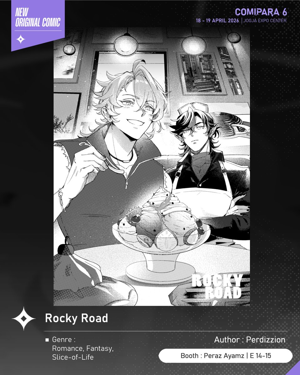 comipara_id's tweet photo. [COMIC RAID]
Author: Perdizzion
Booth: E 14-15  -  Peraz Ayamz

Ada juga komik baru karya Kak Perdizzion, berjudul "Rocky Road" yang akan dijual di Comipara 6 besok lho!

Sampai ketemu di venue! ✨

Comipara 6
18-19 April 2026
Jogja Expo Center

#comicraid6 https://t.co/PTVux1gGBZ