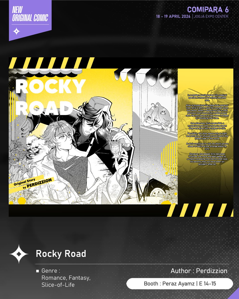 comipara_id's tweet photo. [COMIC RAID]
Author: Perdizzion
Booth: E 14-15  -  Peraz Ayamz

Ada juga komik baru karya Kak Perdizzion, berjudul "Rocky Road" yang akan dijual di Comipara 6 besok lho!

Sampai ketemu di venue! ✨

Comipara 6
18-19 April 2026
Jogja Expo Center

#comicraid6 https://t.co/PTVux1gGBZ