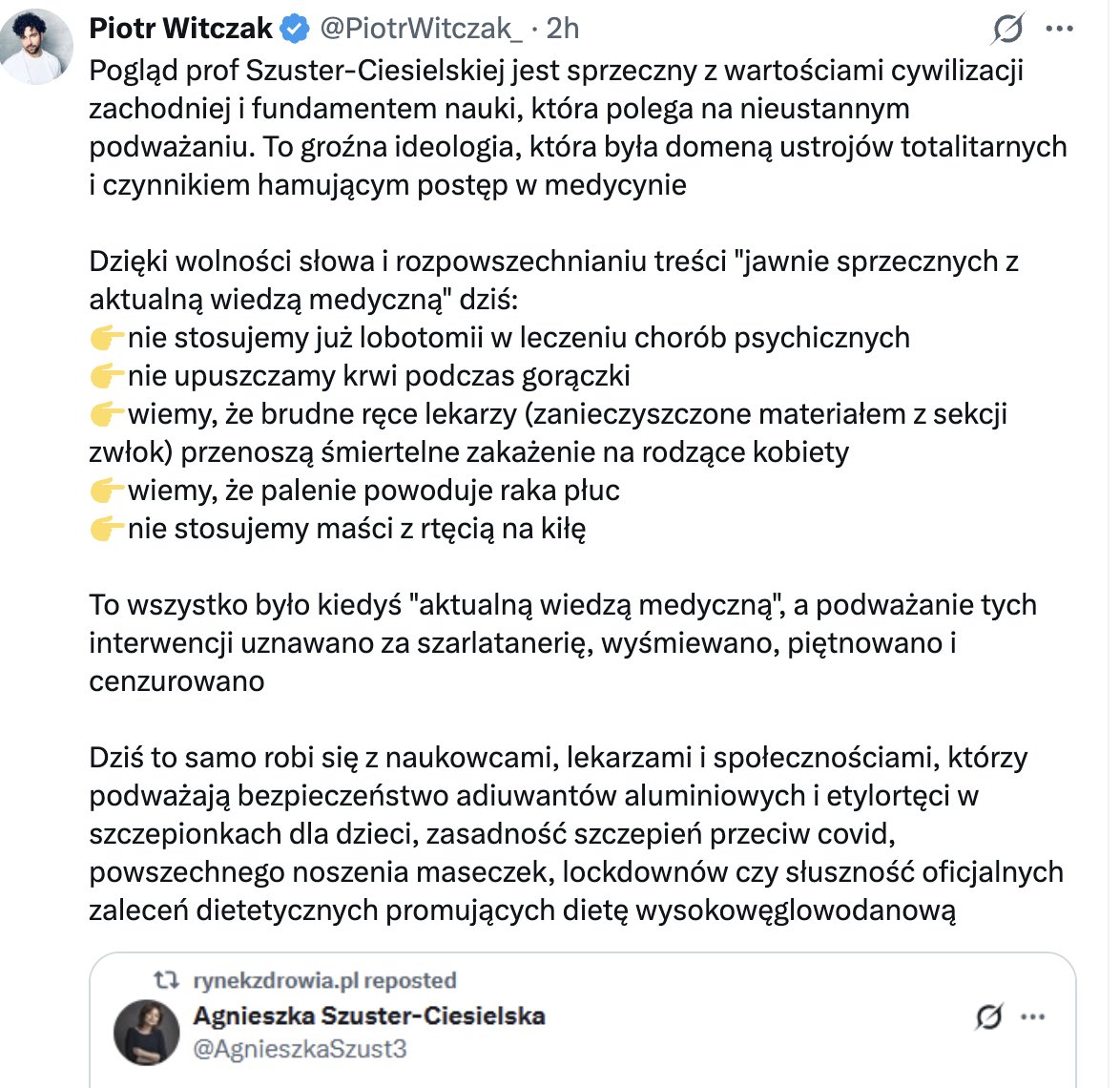 🧶Oto moja riposta...
Komentarz dr Witczaka jest retorycznie efektowny, ale historycznie i merytorycznie nietrafny – myli swobodę dyskusji naukowej z prawem do rozpowszechniania trwałe obalonych tez o szkodliwości szczepień czy „aluminiowych/rtęciowych” spisków.