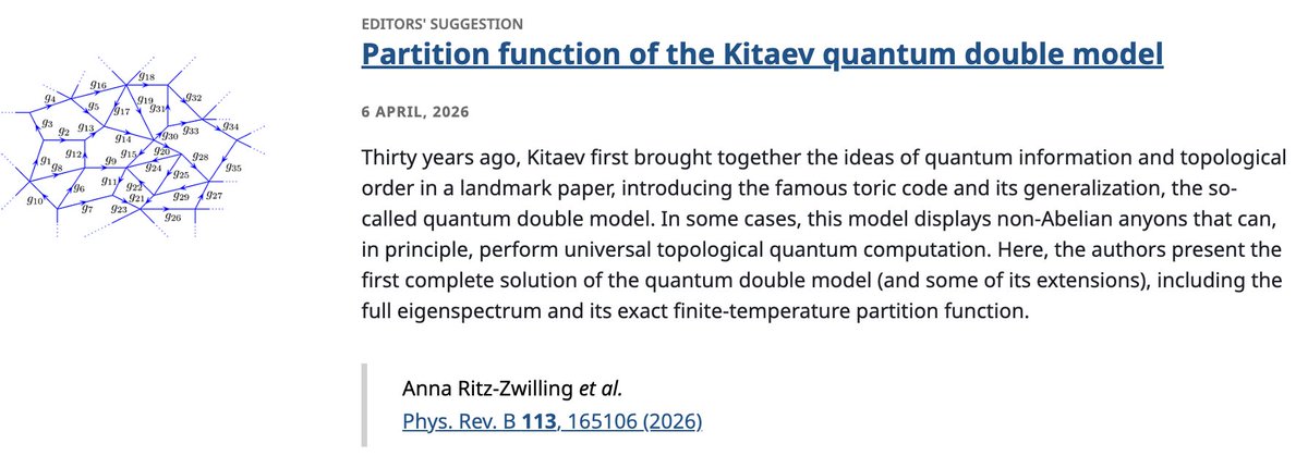 PhysRevB's tweet image. PRB Editors' Suggestion: Partition function of the #Kitaev #quantum double model

Anna Ritz-Zwilling, Benoît Douçot, Steven H. Simon, Julien Vidal, and Jean-Noël Fuchs
Phys. Rev. B 113, 165106

➡️ go.aps.org/4cy2GjP
#EdSugg @APSPhysics #condmat #physics