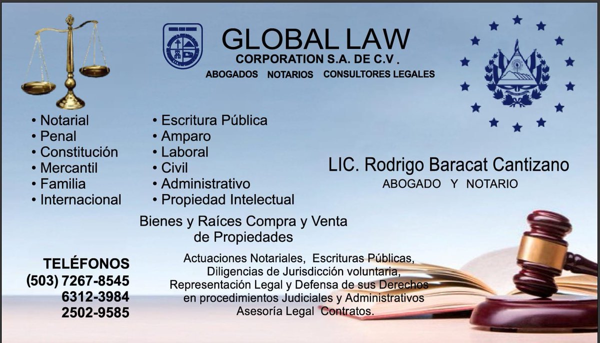 RodrigoBaracat's tweet photo. Global Law Corporation SA. De CV.
Abogados, Notarios, &amp; Consultores Legales.
Attorneys, Public Notaries, &amp; Legal Consultants.
Servicios Profesionales de Notario.
Public Notary Services.
Servicios profesionales de Asesoría Legal.
Professional Legal Advice Services. https://t.co/knnBMmZcWt
