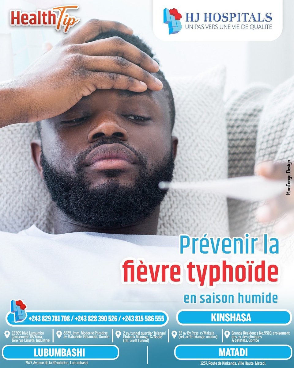 La fièvre typhoïde se propage vite avec l’eau non sécurisée

Faites simple : eau de javel ou ébullition pour protéger votre famille.

HJ Hospitals reste à votre service.
+243 829 781 708 | +243 828 390 526 | +243 815 586 555